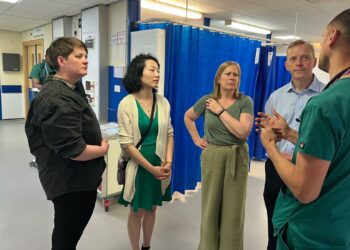 Labour MP candidates Olivia Bailey (Reading West and Mid Berkshire), Yuan Yang (Earley and Woodley), Jo Smith (Maidenhead) and Matt Rodda MP (Reading Central) on a visit to the Royal Berkshire Hospital. Credit: Labour Party