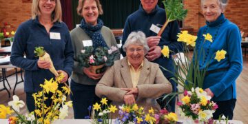 Twyford & Ruscombe Horticultural Spring Show: Sarah Darby, Claire Clark, Myrddin Jones (Chairman) and Diane Thirtle with Jean Moody (President)(seated) Picture: Steve Smyth