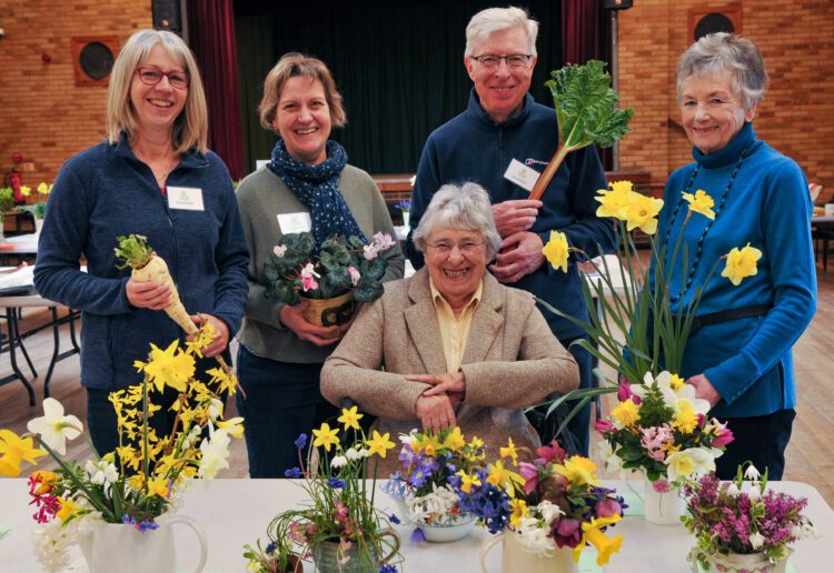 Twyford & Ruscombe Horticultural Spring Show: Sarah Darby, Claire Clark, Myrddin Jones (Chairman) and Diane Thirtle with Jean Moody (President)(seated) Picture: Steve Smyth