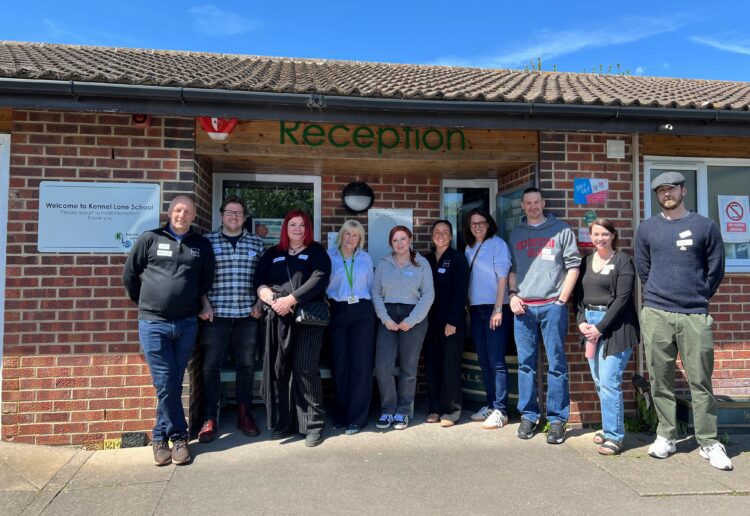From left to right there is ? Martin Dawes (Project Manager), Steve Bates (Engineering Manager), Dennyz Armstrong (Senior Technical Coordinator), Alison Barringer (KS3 Lead, Kennel Lane School), Emily Ridings (Sales Consultant), Georgina Wellden (Customer Service Manager), Alison Thompson (Senior Planning Manager), Adam Bearman (Labourer), Jennifer Brambley (Regional Enquiry Consultant), Rob Teodorczuk (Forklift Driver).
