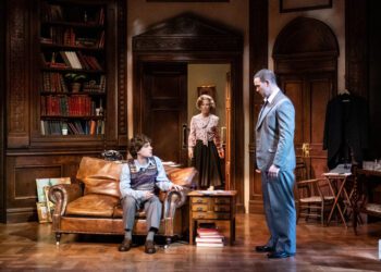 Louis Holland (Ian Trenting), Honeysuckle Weeks (Rona Trenting) and Ayden Callaghan (Will Trenting) in a scene from Accolade at Windsor Theatre Royal. Picture: Jack Merriman
