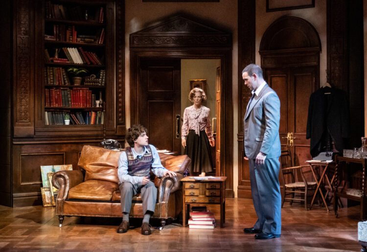 Louis Holland (Ian Trenting), Honeysuckle Weeks (Rona Trenting) and Ayden Callaghan (Will Trenting) in a scene from Accolade at Windsor Theatre Royal. Picture: Jack Merriman