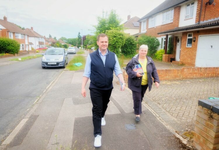 Former government minister Robert Jenrick with Pauline Jorgensen in Earley. Pic: Andrew Batt.