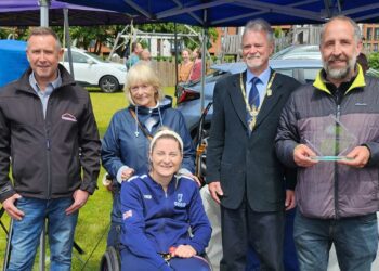 Wokingham Lions President Lyn Baily with Wokingham town mayor, councillor Rob Comber, and Kylie Grimes MBE,  at one of the trophy presentations. Pic: Wokingham Lions.