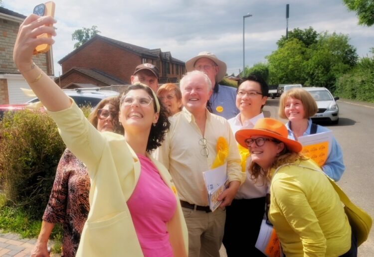 Layla Moran grabs a selfie whilst canvassing in Winnersh. Pic: Andrew Batt.