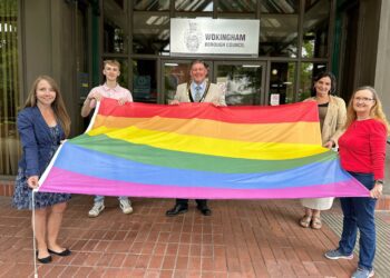 The Pride flag prior to be raised at Shute End today.