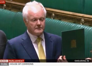 Clive Jones being sworn in as MP for Wokingham on Tuesday. Pic: BBC.