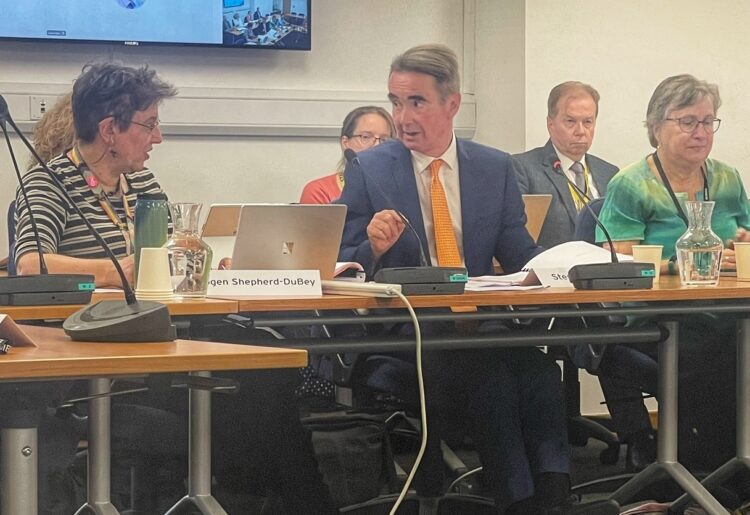 Cllr Stephen Conway, centre, and Cllr Imogen Shepherd-Dubey (left) at last week's executive meeting. Pic: Andrew Batt..