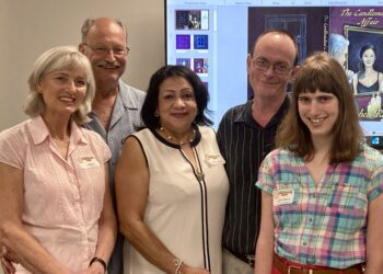 Friends Sheila and Nigel Hoppit, Milly and Stephen Ross, and Anne-Marie Hoppit at the launch of Stephen's debut novel, The Candlemaker's Affair. Picture: Emma Merchant