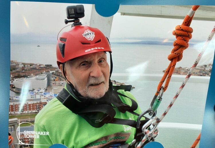 Fundraising legend John Symmonds, 96, abseiled down Portsmouth?s Spinnaker Tower on Saturday. Picture, Thames Hospice