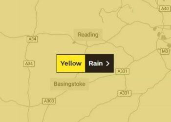 Heavy rain and thunderstorms are forecast across much of the UK, stretching from the southernmost coast of England to as far as Edinburgh, including in Berkshire. Picture: Map Tiler/OpenStreetMap contributors, via the Met Office