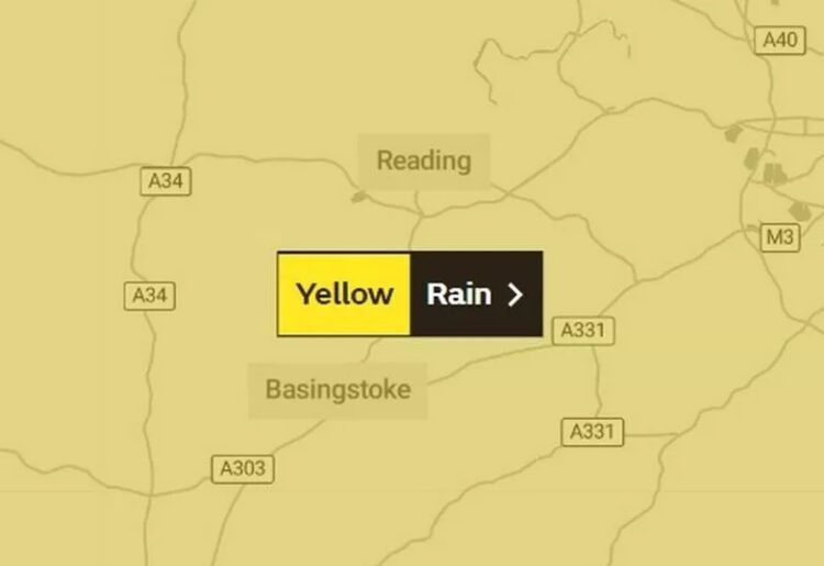 Heavy rain and thunderstorms are forecast across much of the UK, stretching from the southernmost coast of England to as far as Edinburgh, including in Berkshire. Picture: Map Tiler/OpenStreetMap contributors, via the Met Office