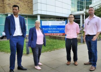 Pauline Jorgensen (second from left) the former Conservative candidate for the Earley and Woodley constituency, at the Royal Berkshire Hospital with fellow Conservatives Raj Singh, Jack Rankin (now MP for Windsor) and Ross Mackinnon.