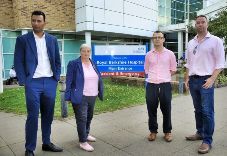 Pauline Jorgensen (second from left) the former Conservative candidate for the Earley and Woodley constituency, at the Royal Berkshire Hospital with fellow Conservatives Raj Singh, Jack Rankin (now MP for Windsor) and Ross Mackinnon.