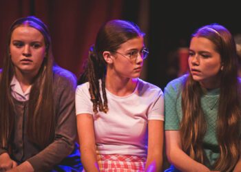 Young Kath (Isobel Henry), Young Penny (Gabriella Palmaeri), and Young Ruby (Piper Charman) in The Sounds By The Sea at South Hill Park this week. Picture: Asun Olivan