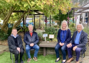 Wokingham Hospital's Sensory Garden, conceived by Wokingham In Need, received an award from Squire's Wokingham. Seated; assistant centre manager Ben, David Lee, Jo Langdon, and Peter Izod. Picture: Emma Merchant
