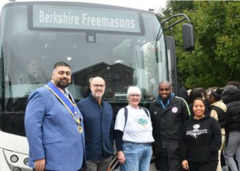 Berkshire Freemasons Charity Steward Mickey Labana; Deputy Leader of Berkshire Freemasons Mark Heppelthwaite; Reading Family Aid Outings Manager Vivienne Simpson; Grass Rootz Founder Kelvin Husbands; and Grass Rootz volunteer Annette Pascal.