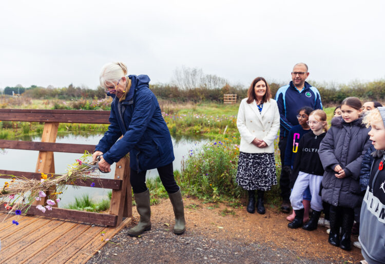 Professor Helen Bilton officially opens the meadow classroom at Shinfield St Mary's. Picture: The University of Reading