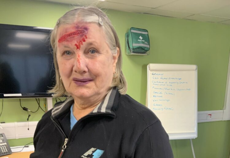 Pamela Harvey, from CAST, made up and ready to be rescued as part of a Wokingham training exercise for firefighters. Picture: CAST