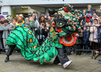 The Lunar New Year celebrations in Wokingham on Sunday, with the PakMei Lion Dance Troupe performing. Pic: Steve Smyth.