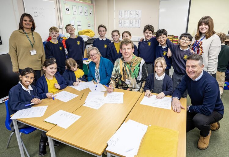 Pupils from Bearwood primary school with poet Toby Thompson and councillors Bray and Ashwell.Pic: Stewart Turkington.