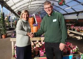 Sarah Squire, chairman, with Graham Fitsell, centre manager, officially opened Squire?s Hare Hatch. Picture: Squire's Garden Centres
