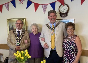 Earley Town Mayor Cllr Mike Smith, and one of the day centre's longest standing members Mrs. Janette Rollinson, with Mayor of Wokingham Borough Cllr Adrian Mather, and chair Mrs. Linda Chambers celebrated Earley Day Centre's 50th year at a tea party for its members. Picture: Earley Day Centre