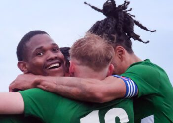 Westwood players celebrate their fourth goal. Pic: Andrew Batt.