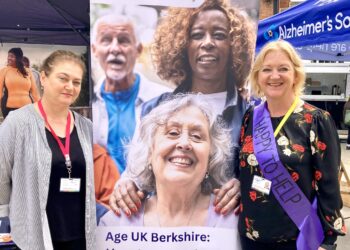 Groups that provide support, information, and activities for people with dementia and their families have gathered today at stalls outside Wokingham Town Hall. Picture: Emma Merchant