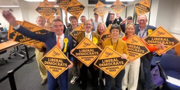 Liberal Democrats celebrating after the declaration earlier this morning. Pic: Andrew Batt.