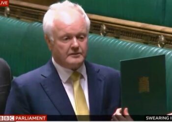 Clive Jones being sworn in as MP for Wokingham on Tuesday. Pic: BBC.