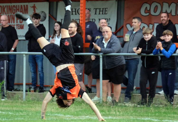For British gymnast Ty Moorcroft celebrates his goal. Pic: Andrew Batt.