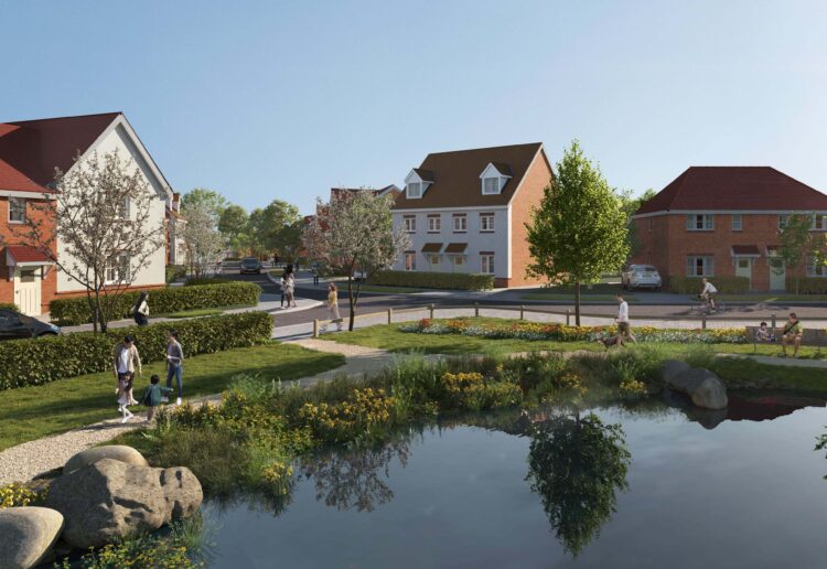 A CGI of a lake and homes in the recently approved 343 homes development called Holme Meadows in South Wokingham. Credit: Vistry Group / Kier Property.
