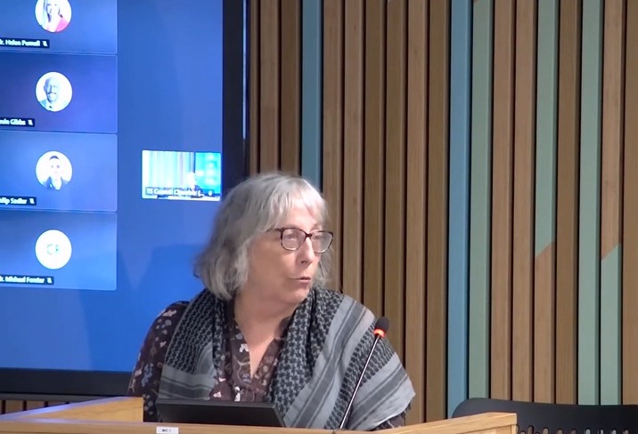 Yvone Hope, a member of the East Berkshire Palestine Solidarity Campaign, asks her question at a full Bracknell Forest Council meeting. Credit: Bracknell Forest Council / YouTube