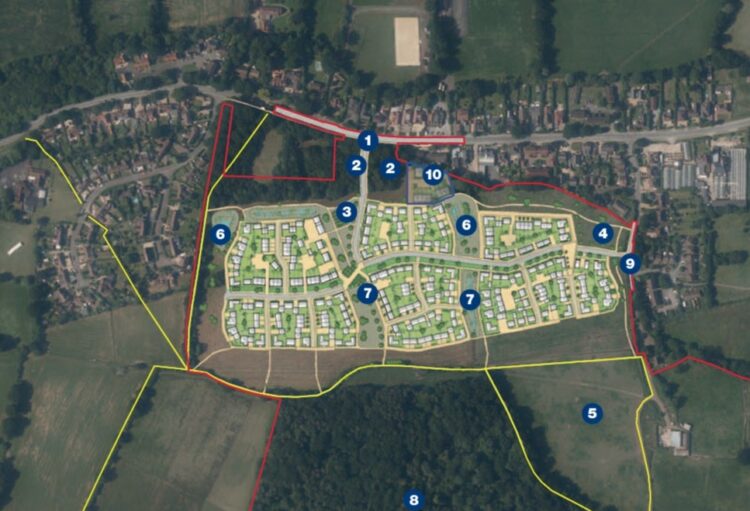 An aerial view of the proposal for up to 190 new homes at Eversley Centre, Harts District, near Finchampstead. Credit: Cemex UK