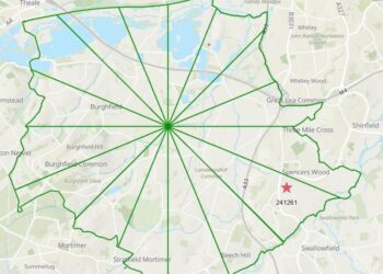 Map showing boundaries of the Detailed Emergency Planning Zone for the AWE facility at Burghfield.