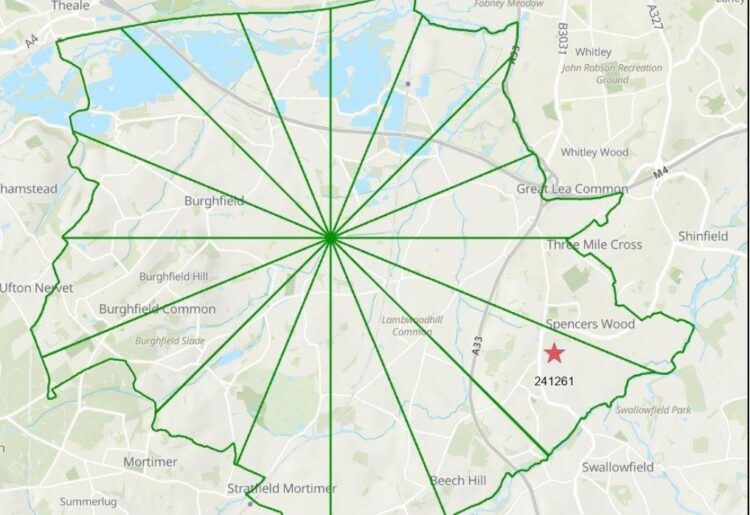 Map showing boundaries of the Detailed Emergency Planning Zone for the AWE facility at Burghfield.