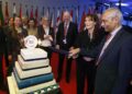 Florence Rabier (Director-General of ECMWF, second from right) and Rohit Tanna (Deputy Lieutenant of Berkshire, right) cut the 50th anniversary cake during the anniversary reception at ECMWF headquarters in Reading. Picture: Philip Hollis
