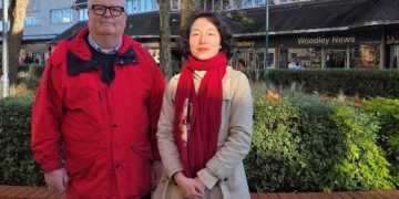 Councillor Greg Bello (Labour, Loddon) and Yuan Yang, the Labour MP for Earley and Woodley at the Woodley town centre shopping precinct. Credit: Earley and Woodley Labour Party