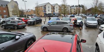 Jennett's Park Square at schoolrun time