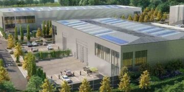 A CGI of a plan to replace Shire Hall, the former Berkshire County Council offices in Shinfield Park with six logistics units. Credit: Fiera Real Estate / Wrenbridge.