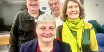 Hilary Pollock (right), with husband Anthony, agent Spencer Farmer (left) and Pauline Jorgensen (centre) at last night's count. Pic: Andrew Batt.,