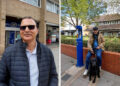 Shahid Khan (left), and Paul and his Labrador Beau (right) at the Woodley precinct in the town centre. Credit: James Aldridge, Local Democracy Reporting Service.