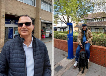 Shahid Khan (left), and Paul and his Labrador Beau (right) at the Woodley precinct in the town centre. Credit: James Aldridge, Local Democracy Reporting Service.