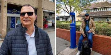 Shahid Khan (left), and Paul and his Labrador Beau (right) at the Woodley precinct in the town centre. Credit: James Aldridge, Local Democracy Reporting Service.