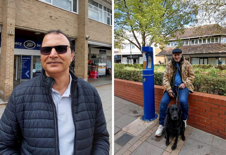 Shahid Khan (left), and Paul and his Labrador Beau (right) at the Woodley precinct in the town centre. Credit: James Aldridge, Local Democracy Reporting Service.
