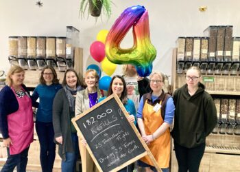 Maya, her team and Wokingham Town Mayor Cllr Lou Timlin celebrated four years of sustainability. Picture: Emma Merchant