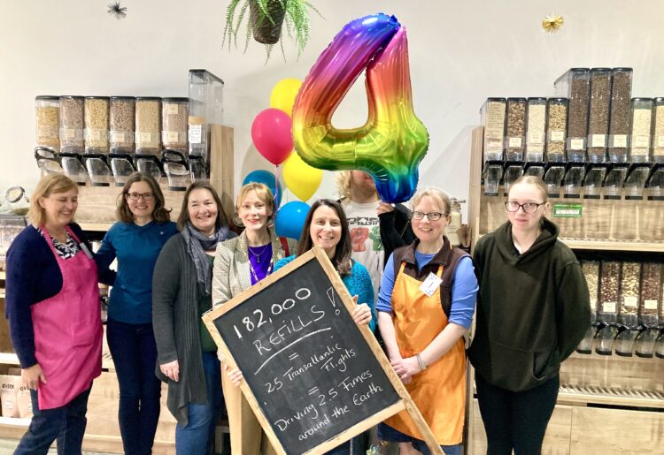 Maya, her team and Wokingham Town Mayor Cllr Lou Timlin celebrated four years of sustainability. Picture: Emma Merchant