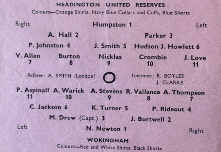 the August 1954 Metropolitan League match between Headington United Reserves and Wokingham Town.