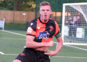 Sean Moore celebrates Town's first goal last night. Pic: Andrew Batt.